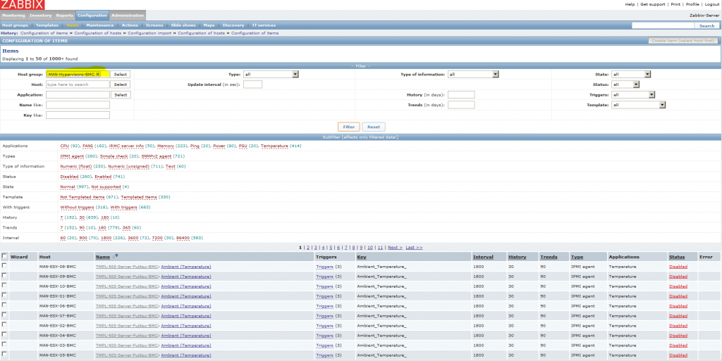 Zabbix Host configuration - item filters 